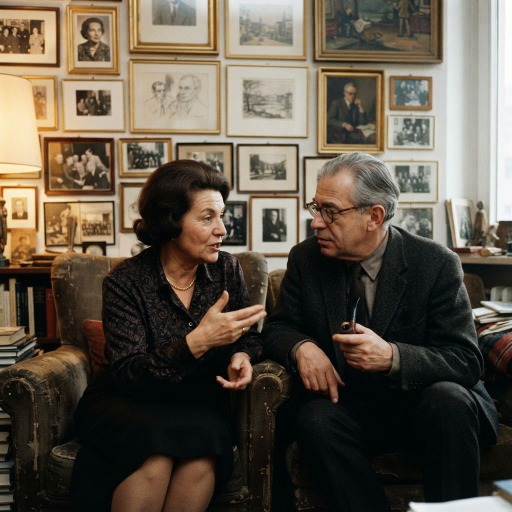 Margarete und Alexander Mitscherlich im Gespräch. KI-Bild, erzeugt mit Adobe Firefly.
